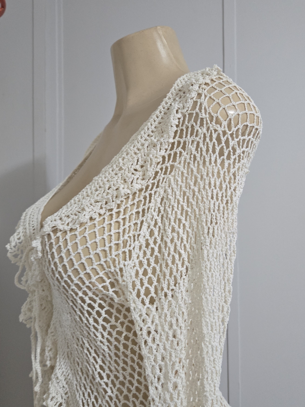 Cardigan Cream Crochet Open-Knit Tie-Front Blazer Jacket - Picture 7 of 11